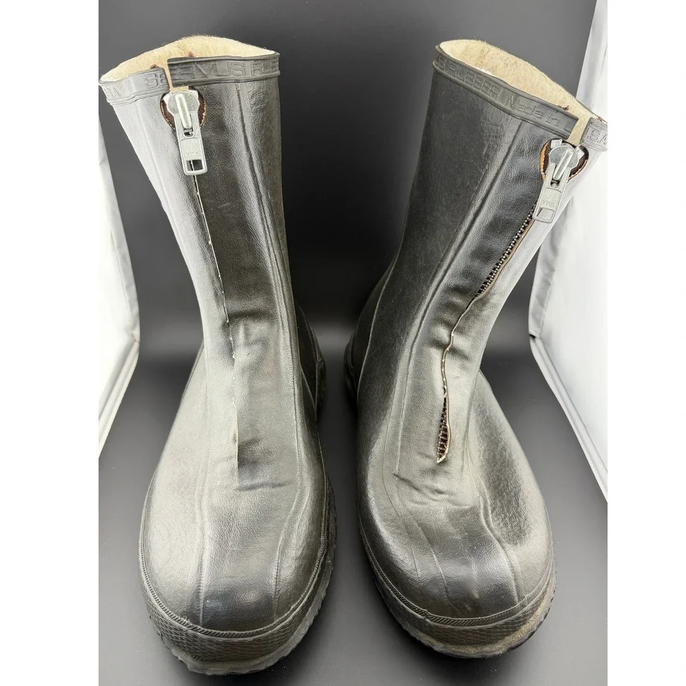 Servus Rubber: Black Zip Front Rain Boots, Fleece Lined Made in USA, Mens 9